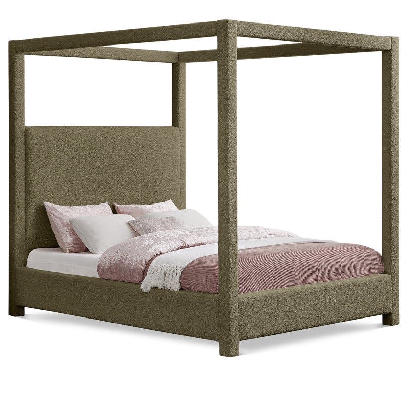 Upholstered Canopy Bed, Olive Boucle Fabric, Queen