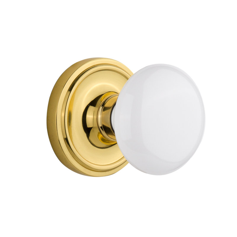 Classic Rosette with White Porcelain Door Knob, Polished Brass