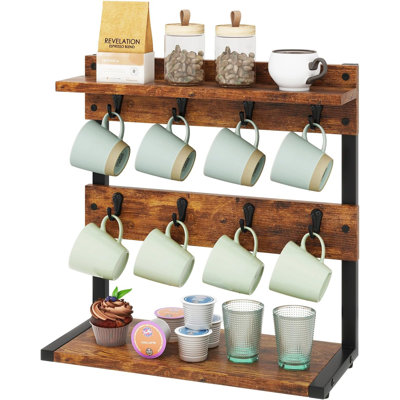 Rustic Coffee Mug Holder Stand, 2 Tier Countertop Mug Tree Holder Rack With Storage Base, Vintage Mug Holders For Kitchen, Holds 8 Mugs, Rustic Brown