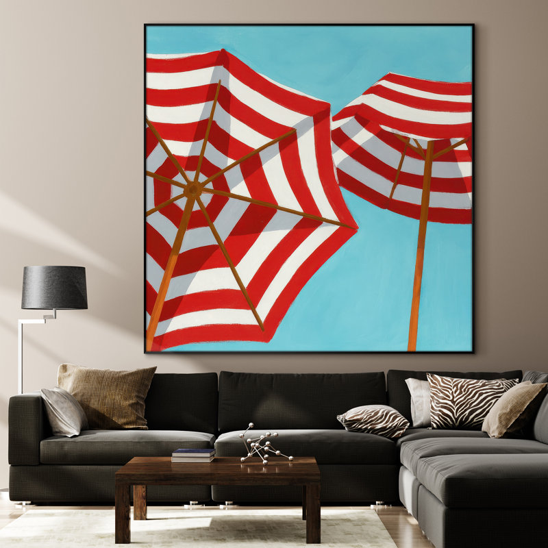 Très grand parapluie rayé rouge et blanc rétro - reproduction de bord de mer pour le salon ou la chambre à coucher, assemblage requis (assemblage requis)