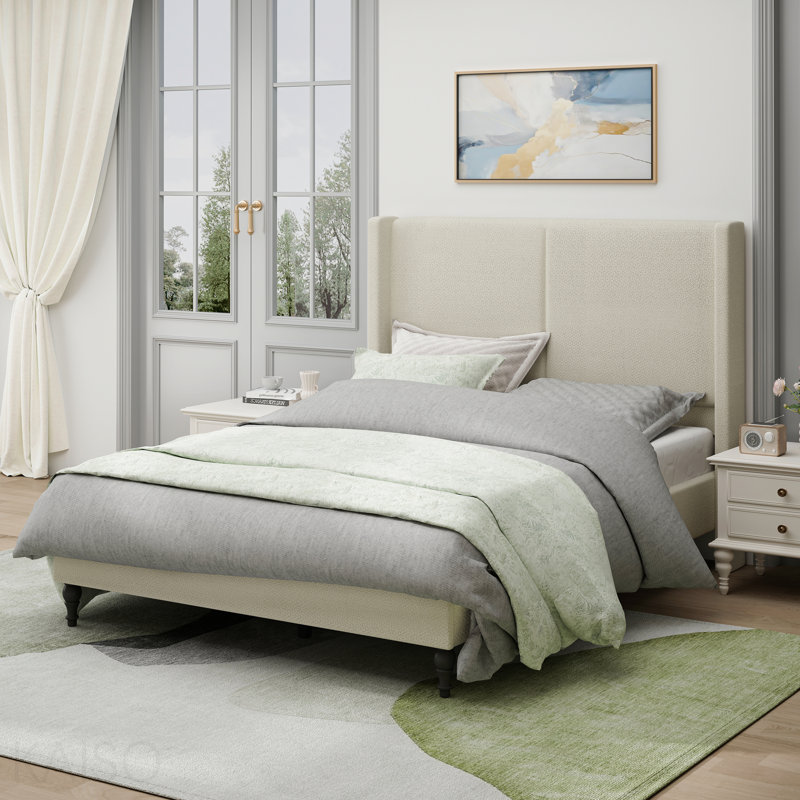 Structure de lit grand format avec tête de lit tapissier à dossier haut de 55,5 po, tissu Boucle, 12 lattes de soutien, panneaux latéraux épaissis, pieds en bois massif, aucun sommier tapissier requis (beige)