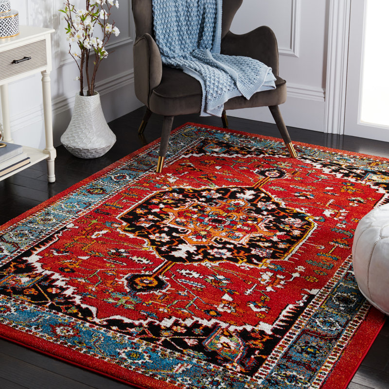 Tapis rouge / bleu Vintage Hamadan 266, Rectangle 9 pi x 12 pi
