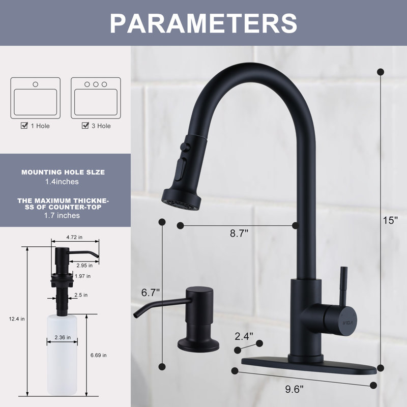 Pull Down Single Handle Kitchen Faucet with Soap Dispenser, Matte Black