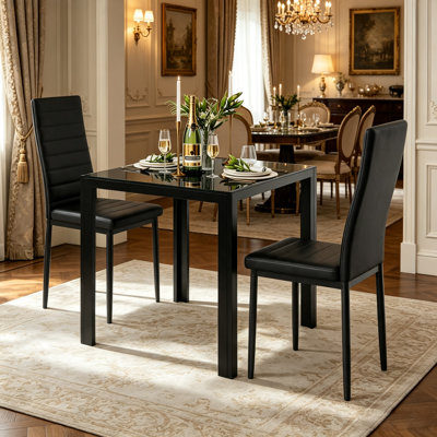 3-Piece Dining Table Set, Glass Dining Table with 2 Faux Leather Chairs