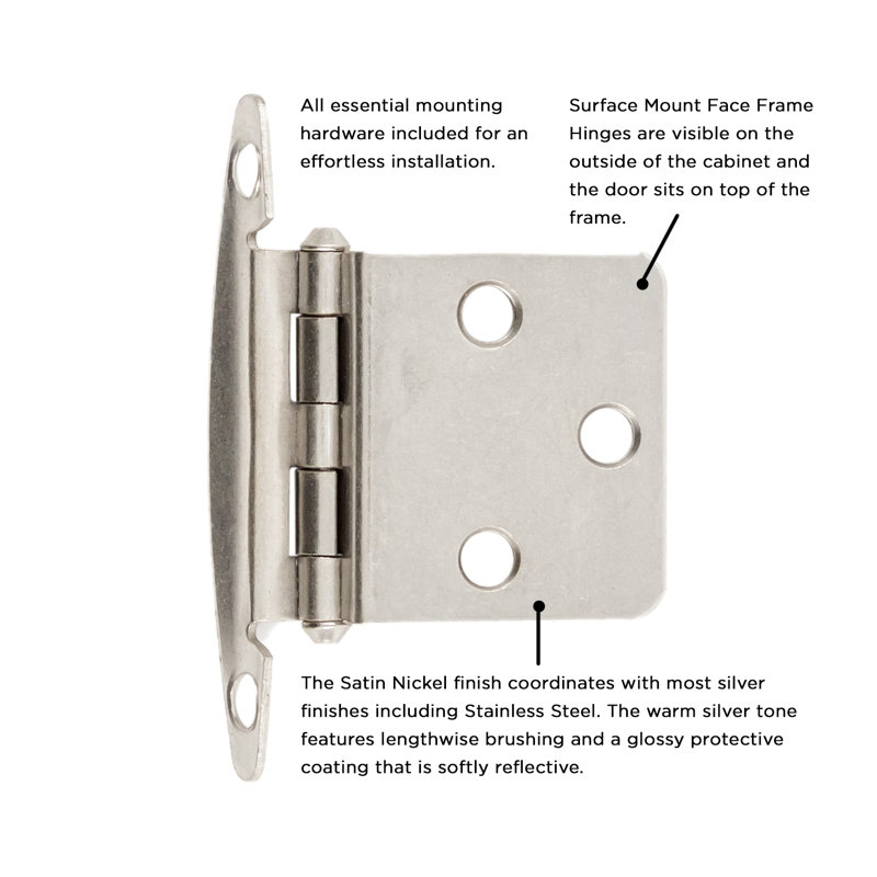 Surface Mount Variable overlay Face Frame Free Swinging - Satin Nickel - Cabinet Door Hinges (Set of 10)   , Satin Nickel, 10