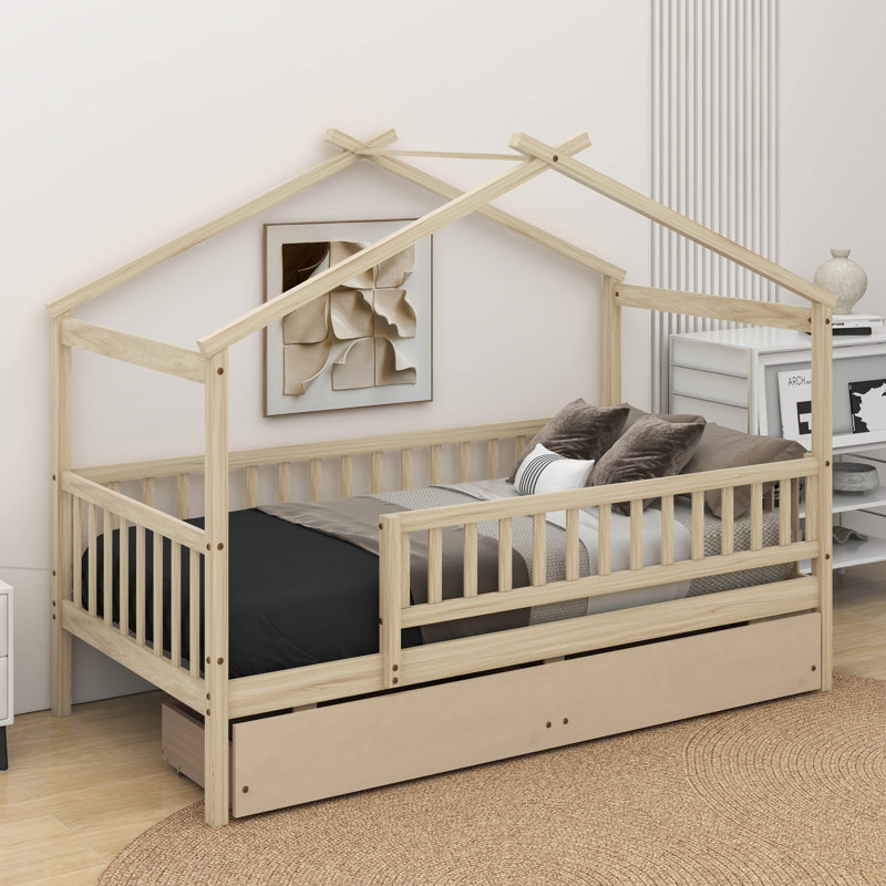 Lit en bois avec deux tiroirs, Naturel, Simple