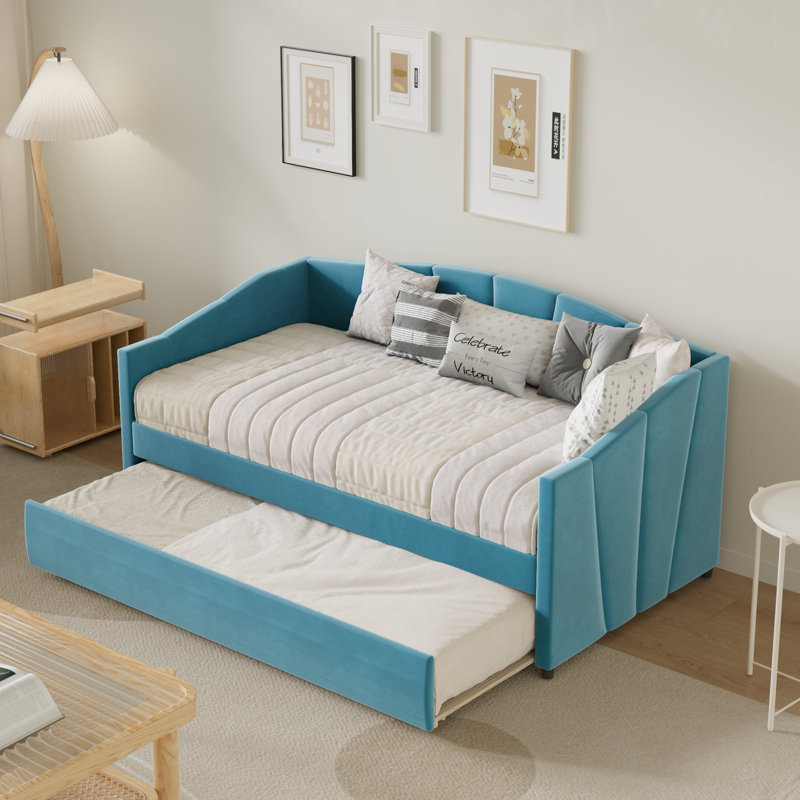 Velvet Elegance Twin Solid Wood Daybed with Space-Saving Trundle Bed, Sofa/ Guest Bed, Blue