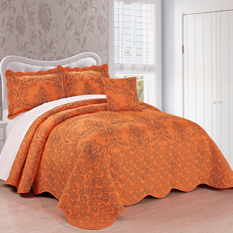 4 Piece Damask Oversized Embroidery Bedspread Set, Queen Quilt + 2 Queen Shams + Throw Pillow, Nectarine