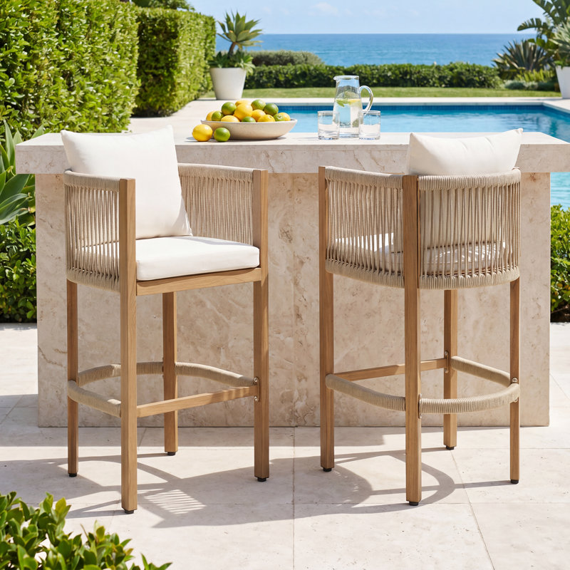 Ensemble de 2 chaises de patio et tabourets de bar en corde tissée avec accoudoirs pour l'intérieur et l'extérieur, Beige
