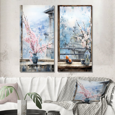 Pink Floral Window To Nagasaki II - Window Canvas Prints Set Of 2