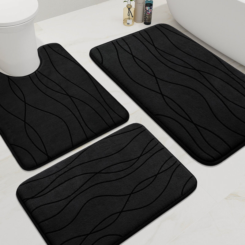 3 Piece Plush Memory Foam Bath Rug Set with Non-Slip Backing and High Absorbency, Black Geometric