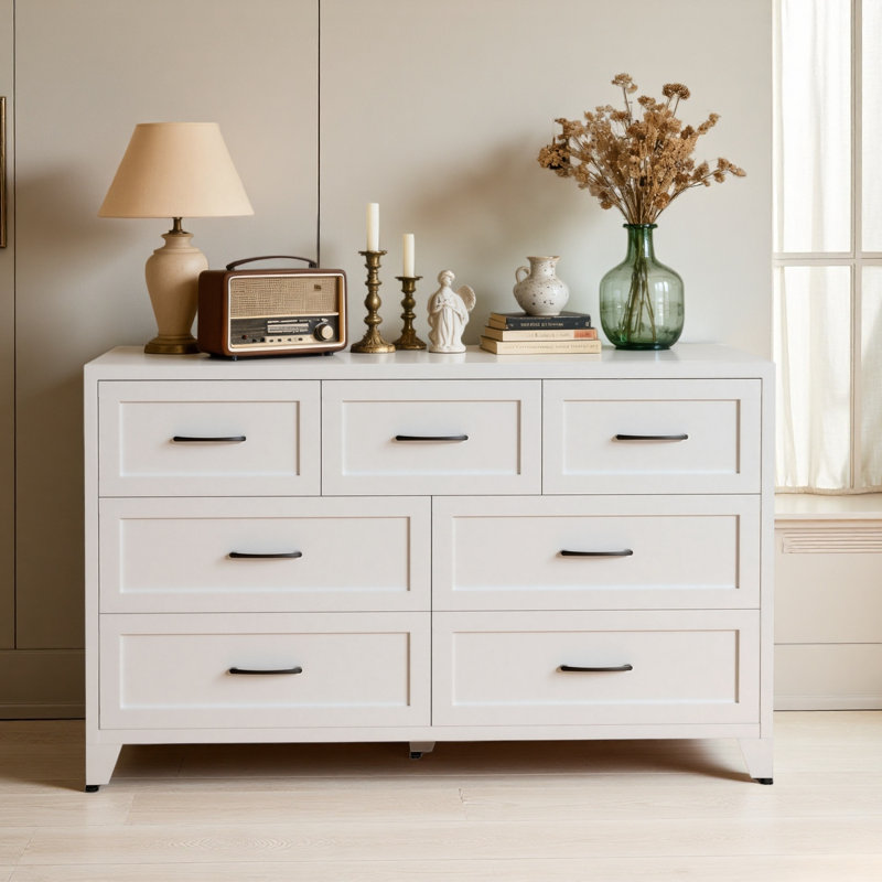 Commode 7 tiroirs, grande armoire de rangement à profil bas, commode en métal pour chambre à coucher