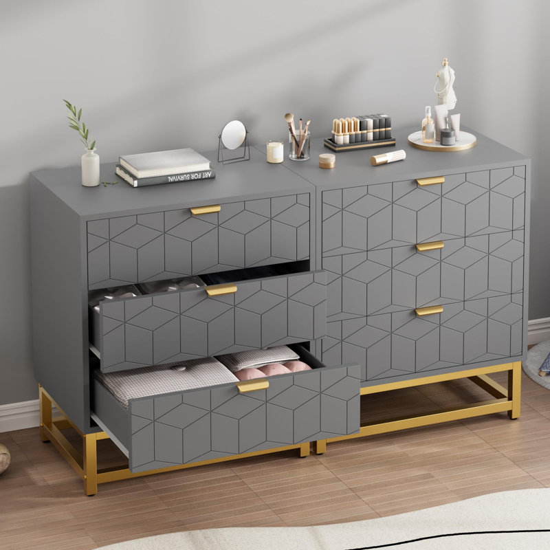3-Drawer Wide Wooden Dresser with Metal Legs, Gray