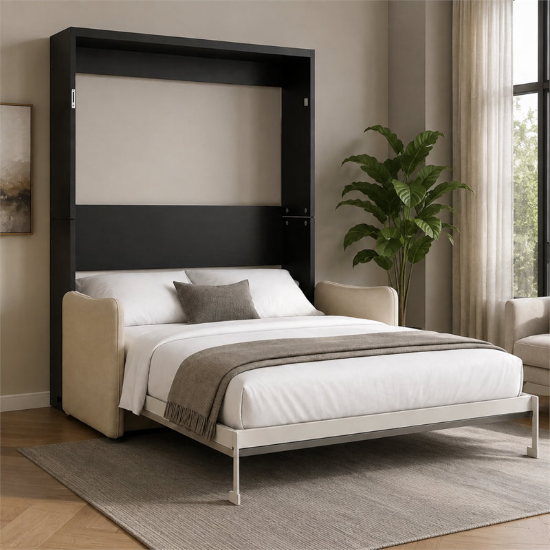 Structure grise, armoire noire, canapé beige, grand lit escamotable Murphy. Rembourrage hydraulique, pliage multifonctionnel, canapé-lit invisible.