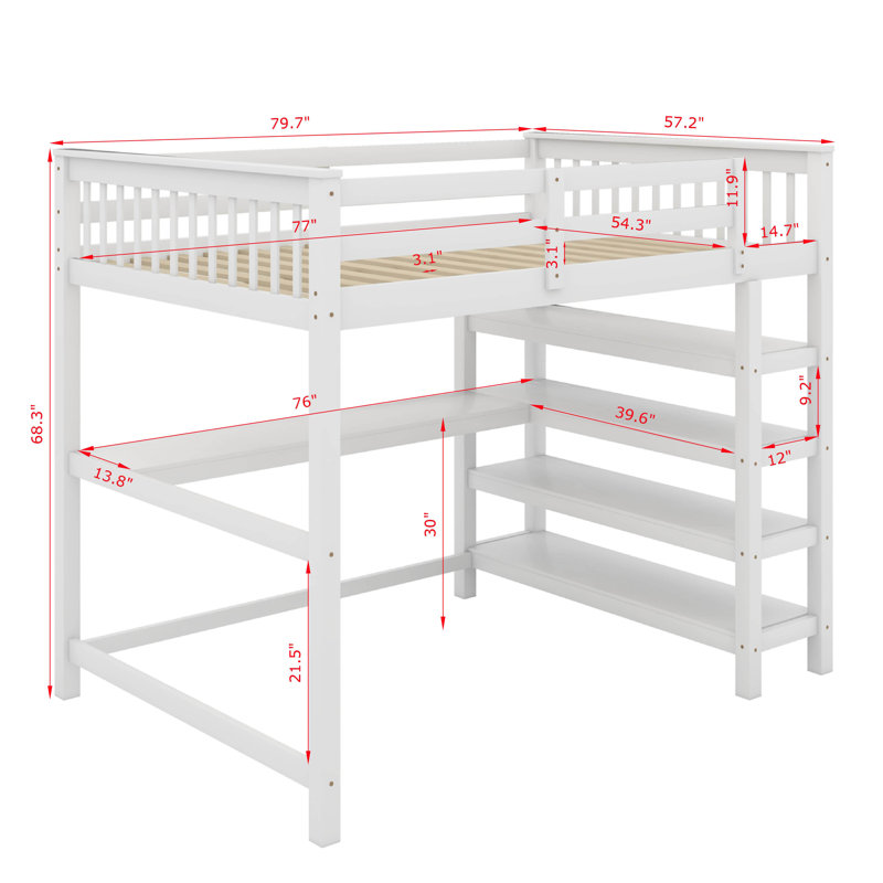 Loft Bed With Storage Shelves And Desk, Full, White