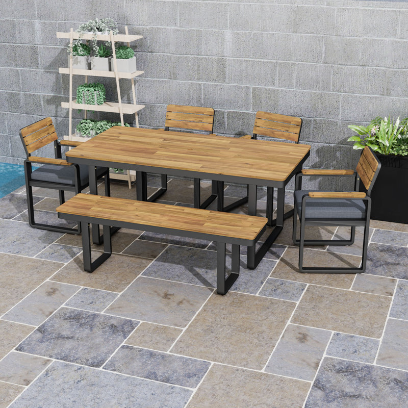Wooden Outdoor Dining Set with Bench, Chairs and Cushion, Gray