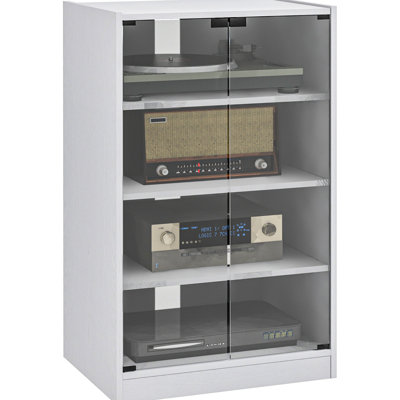 Modern Media Holder , 4 With Tempered Glass Doors, Adjustable Shelves, Cable Management, White For Receivers And Tuners Audio Cabinet, Shelves & Managed, Fresh