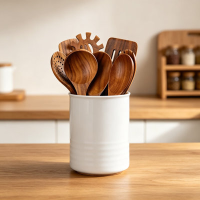 Ceramic Utensil Holder for Kitchen Countertop, Modern Farmhouse Utensil Crock Organizer Caddy, Multipurpose Vase for Cooking Tools, Tableware, and Bar Accessories