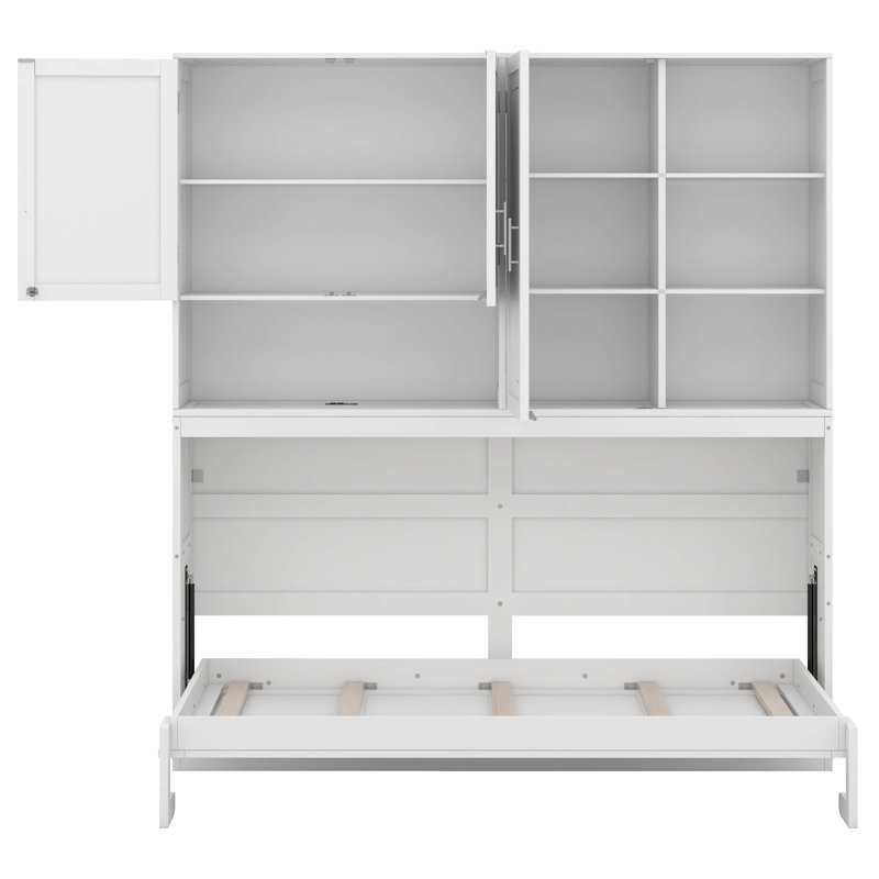 Lit escamotable mural simple avec armoire supérieure et tablettes, cadre de lit plateforme pliable multifonctionnel avec lumière et USB