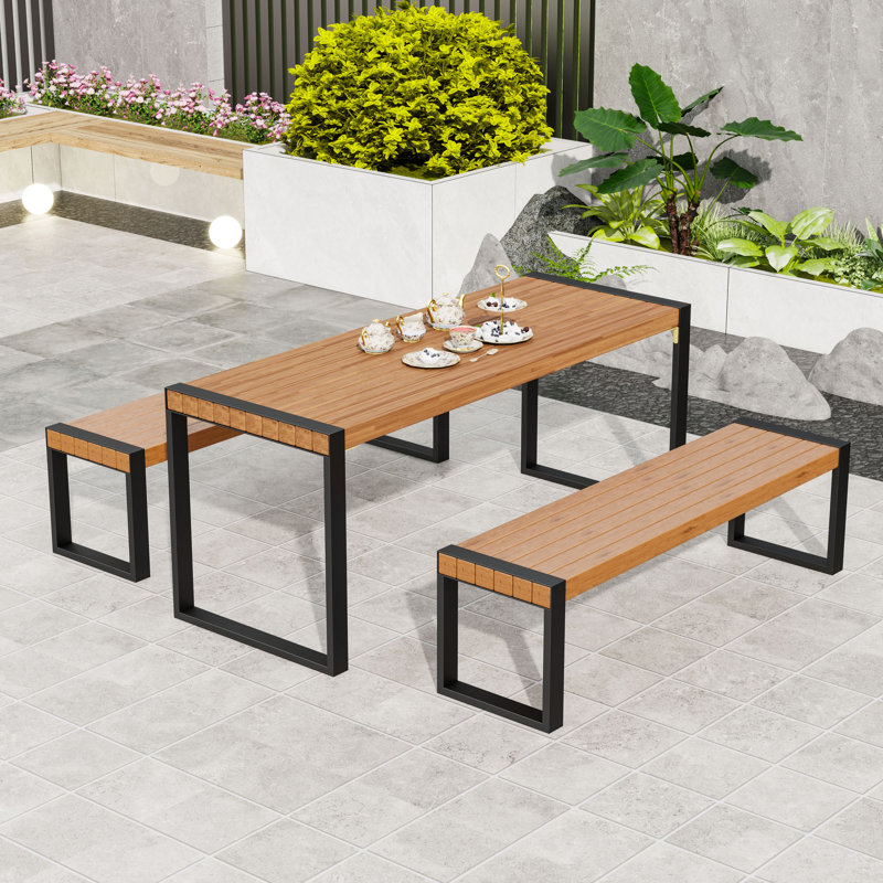 Ensemble repas d'extérieur 3 pièces avec table de patio et 2 bancs pour l'intérieur et l'extérieur