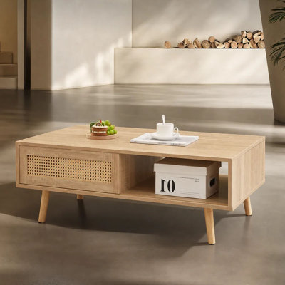 41.34" Rectangular Solid Wood Leg Rattan Storage Coffee Table, Modern Minimalist