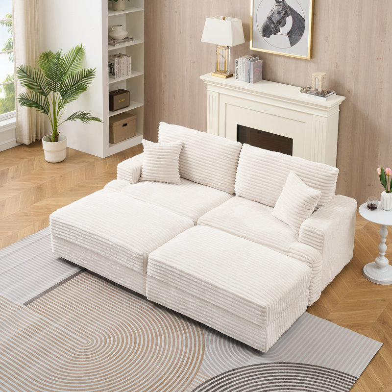 79.3'' Corduroy Comfortable 3 Seater Sofa  With Ottoman, Pink