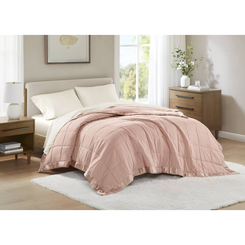 Couverture légère en duvet synthétique avec bordure en satin , Double/grand, Rose