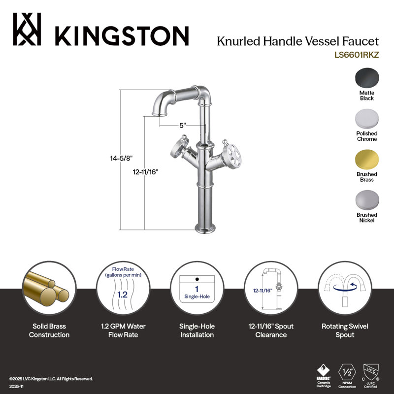 Kingston Brass Wendell Two-Handle 1-Hole Deck Mount Vessel Faucet With Knurled Handle, Brushed Brass