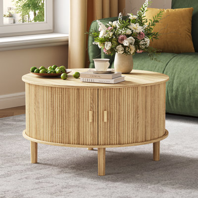 Table basse ronde avec rangement, table basse circulaire cannelée avec portes coulissantes, table de salon Mid-Century moderne