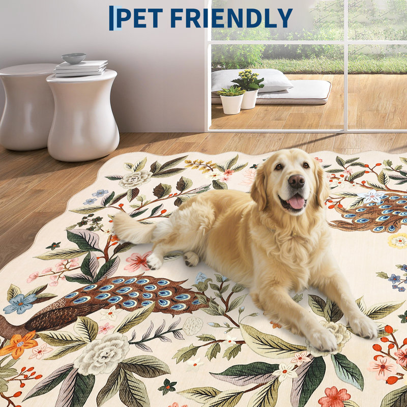 Scalloped Floral Peacock 8x10 Rug Washable Non Slip Nursery Rugs Farmhouse Area Rug for Bedroom Living Room Ultra Botanical Home Decor Carpet Mat Beige
