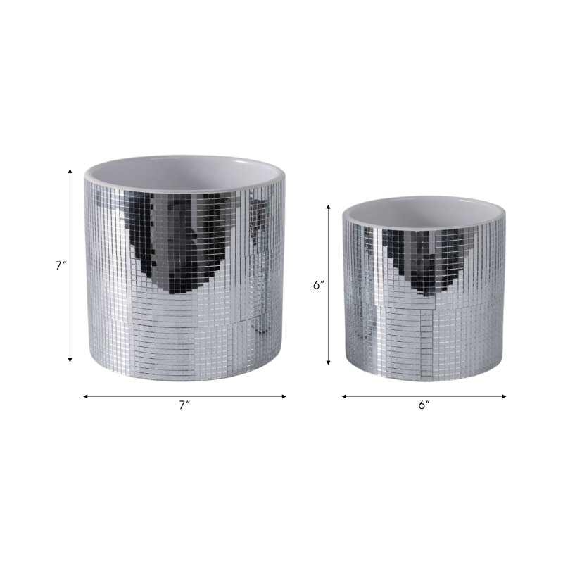 Sagebrook Home Elegant Silver Ceramic Disco Planter, 2-Pieces