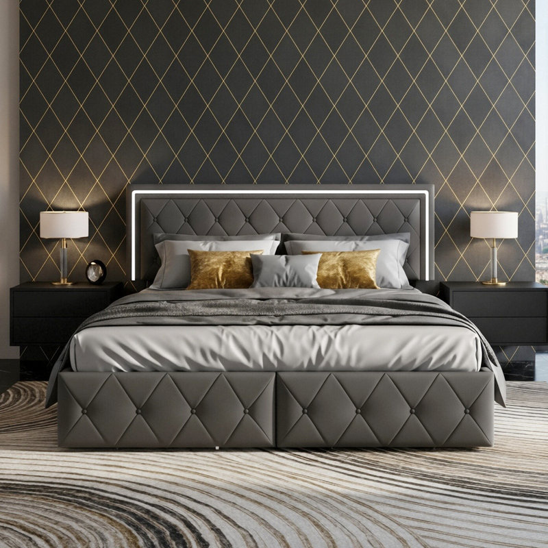 EU Double & King PU Storage Bed With 4 Drawers & LED Headboard, Faux Leather Upholstered Frame,  Beige & Grey, Grey