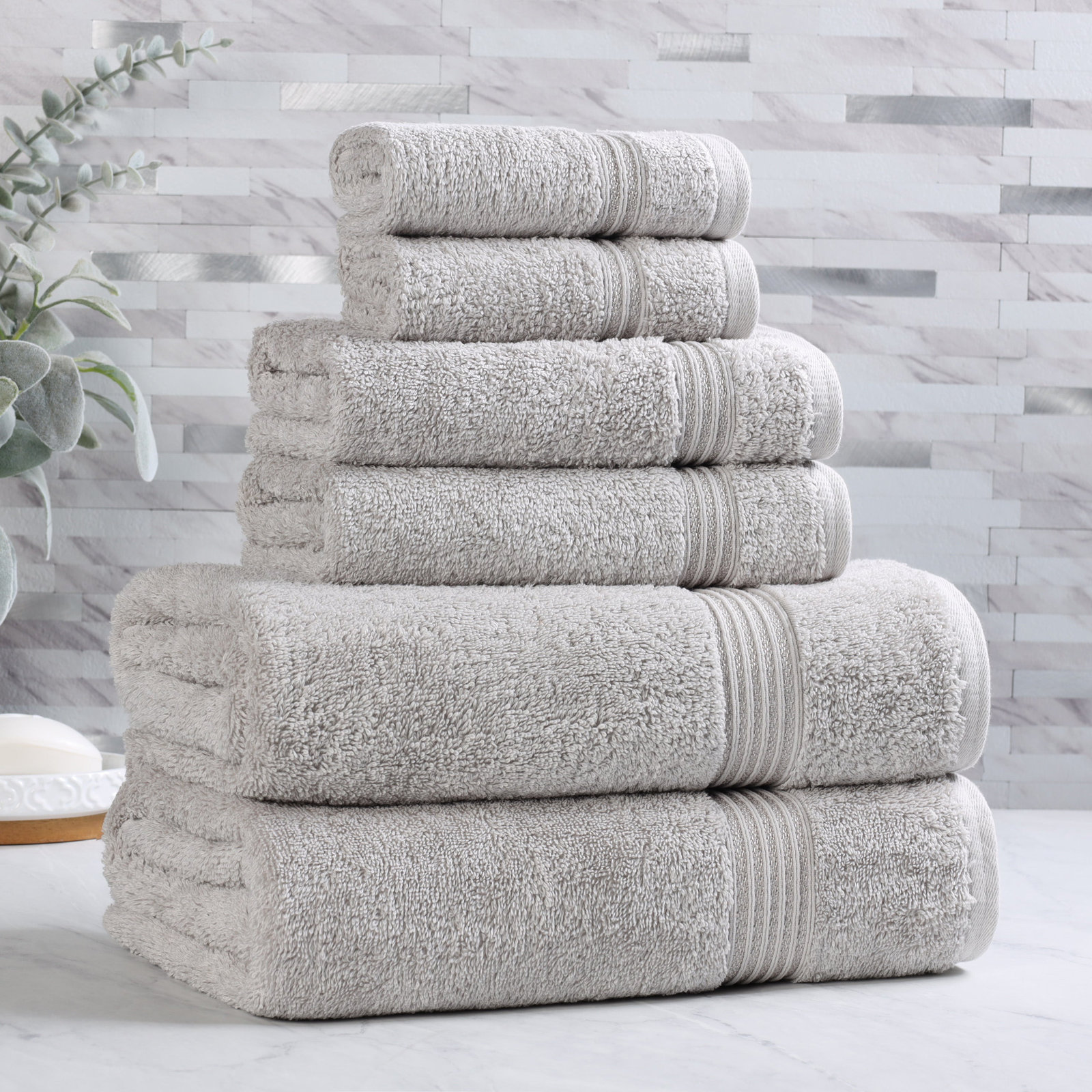 Oleg 600 GSM 6 Piece Egyptian-Quality Cotton Towel Set, Silver