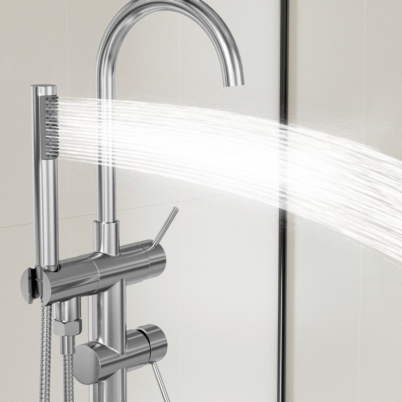 Freestanding Tub Faucet With Handheld Shower, Floor Mount Bathtub Filler In 304 Stainless Steel With 360° Swivel Spout, CUPC Ceramic Valve