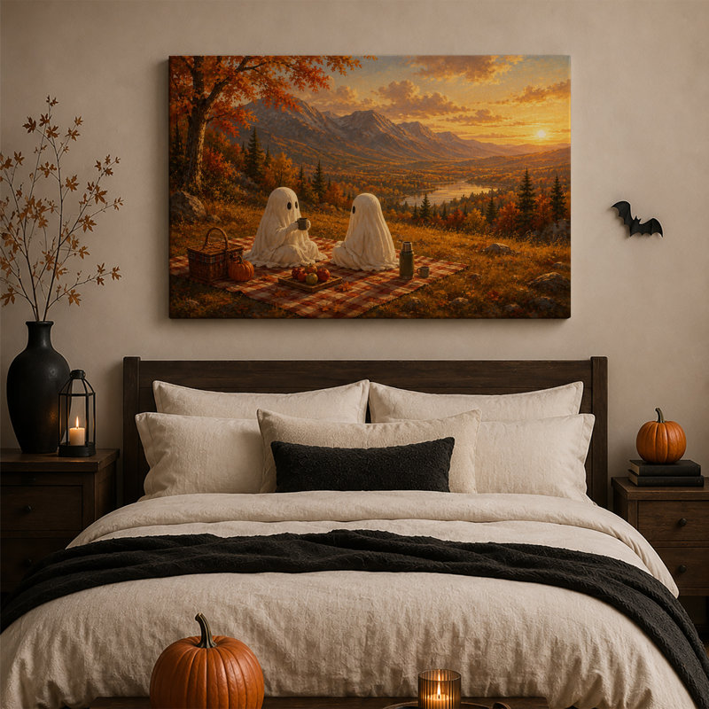 Pique-nique de fantômes blancs au coucher du soleil d'automne doré - Toile murale d'Halloween, H 18 po x l 24 po