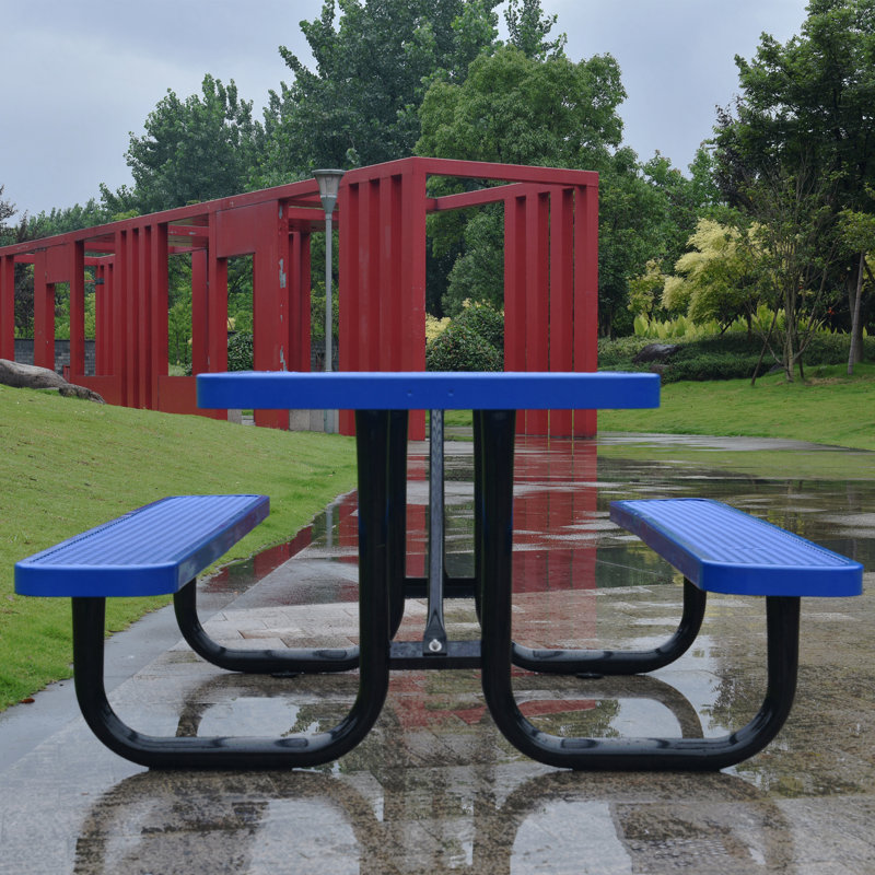 Table carrée de pique-nique extérieure en acier 46 po bleu avec mât de parasol, Bleu