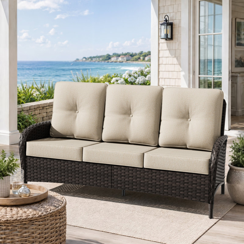 Canapé d'extérieur en osier avec coussins résistants aux intempéries | Mobilier d'extérieur toutes saisons en rotin, Beige