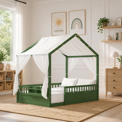 Lit Montessori au sol pour enfants (taille standard), cadre de lit cabane en bois avec barrières de sécurité et porte, guirlande lumineuse intégrée et tablette, lit bas, sans sommier, vert
