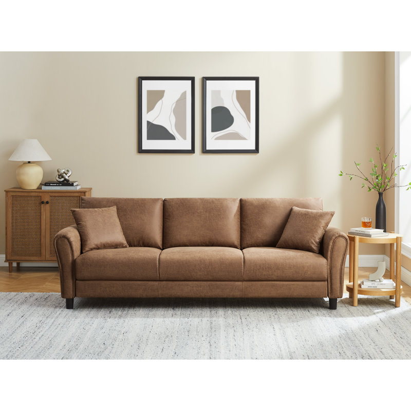 86.5“ Mid-Century Modern Faux Leather Rolled Arm Couch ,3 Seater Sofa, Light Brown
