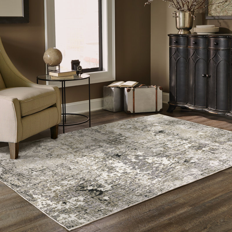 Tapis gris / ivoire à motif abstrait Gwern, Rectangle 3 pi 3 po x 5 pi