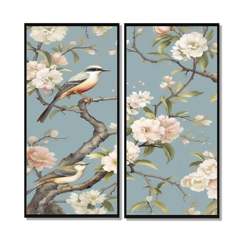 «Chinoiserie with Birds and Pivoines XVIII» - art mural moderne sur toile noire, 20" H x 24" W, Black