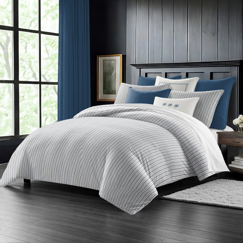 Pacific Stripe Reversible Cotton Comforter Set, Cal.King Comforter + 2 King Shams, Denim