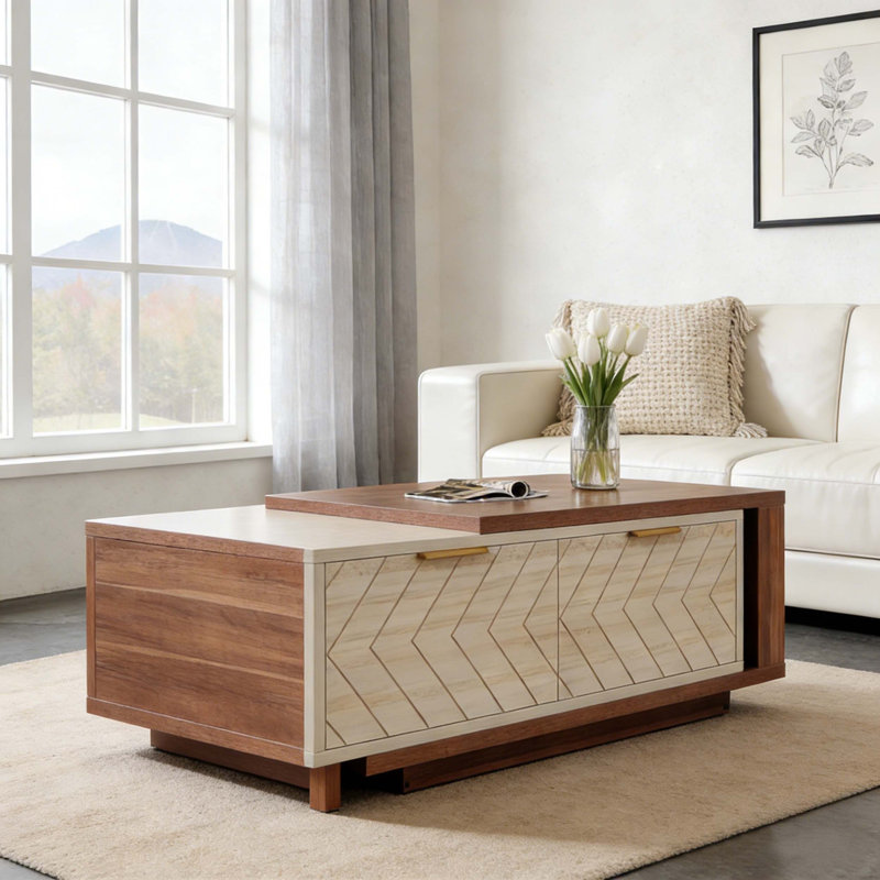 Table basse extensible avec 2 tiroirs de rangement, Noyer et chêne