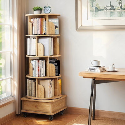 Bibliothèque rotative à 5 niveaux, bibliothèque rotative à 360 ° avec roulettes, peu encombrante, petite bibliothèque rotative pour chambre à coucher, salon