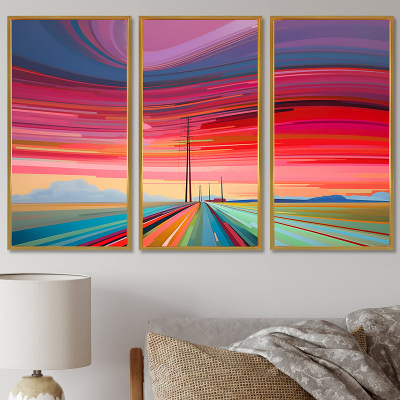 Griffey - Ensemble de décoration murale paysage abstrait, Cadre flottant doré, H 40 po x l 60 po x P 1 po