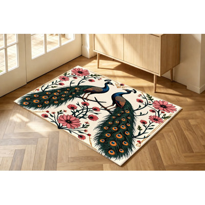 Tapis Boho Peacock Floral, motif d'oiseaux fleurs blanc crème, doux et durable, tapis antidérapant lavable à la machine, décoration intérieure élégante pour salon, chambre à coucher, entrée, appartement