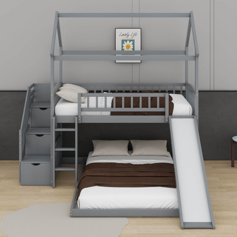 Twin Over Full Bunk Bed With Slide, Grey