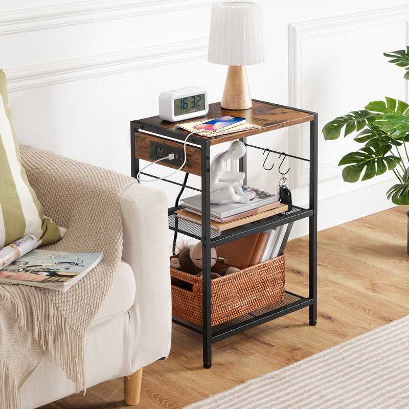 3-Tier Mobile Printer Stand with Storage and Charging Station, Brown