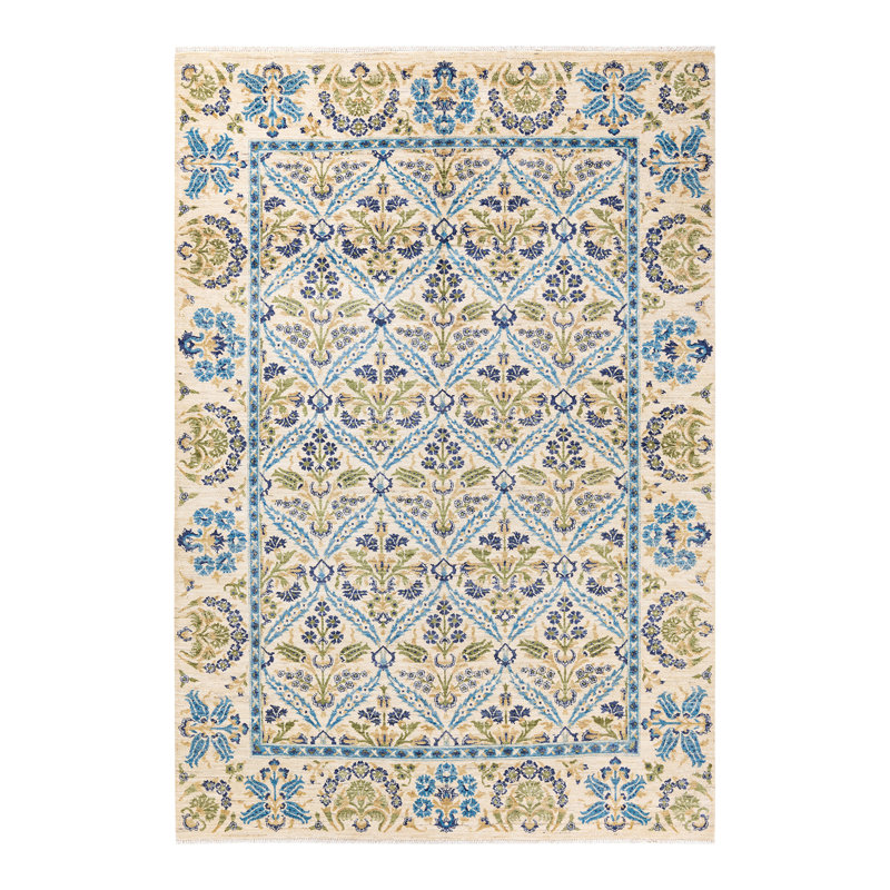 Tapis ivoire / bleu / jaune en laine noué à la main de conception unique 6 pi 2 po x 8 pi 10 po New Age