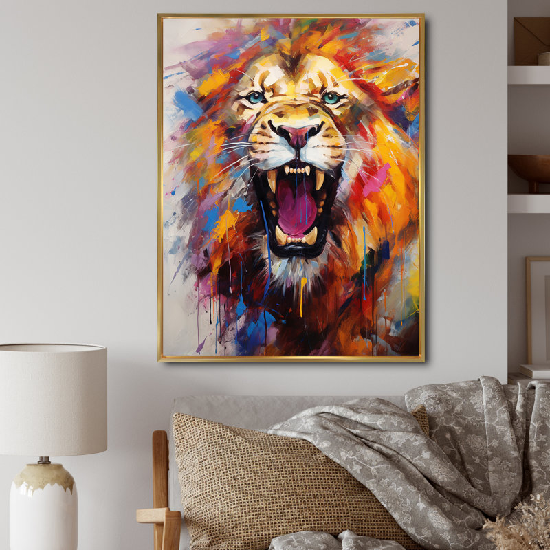Abstrait lion rugissant - Lion, art mural, H 32 po x l 16 po x P 1 po, Cadre flottant doré